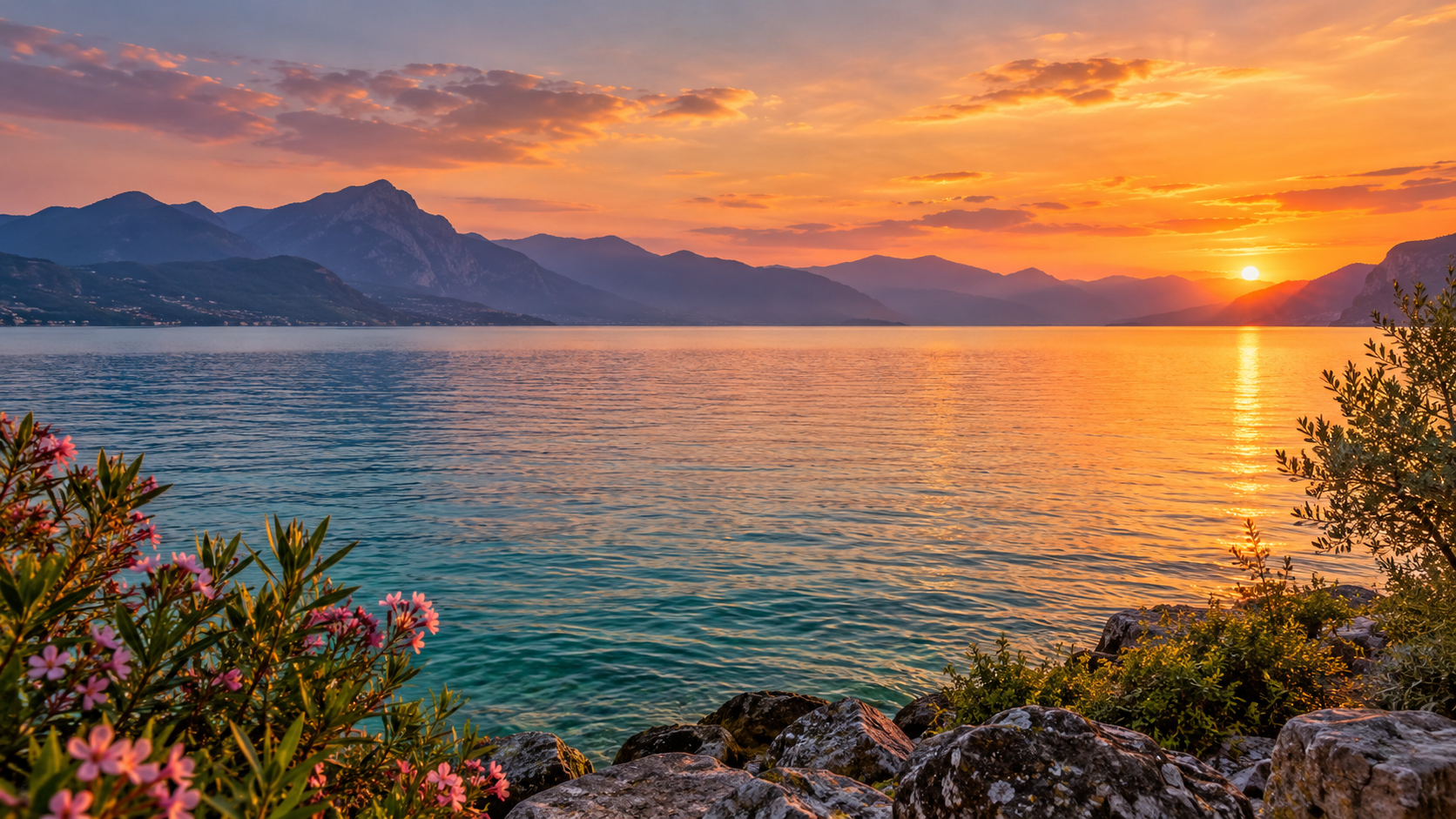 Illustratives Bild des Gardasees bei Sonnenuntergang, erstellt für Residenza Cornicello